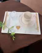 Bonding Gold Beyaz İncili Söz Tepsisi Nişan Tepsisi ve Damat Kahve Fincan Tepsisi  Beyaz - 4