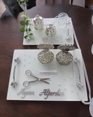 Adore Gümüş Beyaz İncili Söz Tepsisi Nişan Tepsisi ve Damat Kahve Fincan Tepsisi  Kırmızı - 2