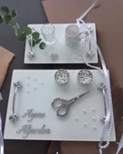 Adore Gümüş Beyaz İncili Söz Tepsisi Nişan Tepsisi ve Damat Kahve Fincan Tepsisi  GRİ - 1