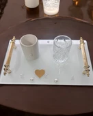 Bonding Gold Beyaz İncili Söz Tepsisi Nişan Tepsisi ve Damat Kahve Fincan Tepsisi  mavi - 3