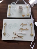 Adore Gold Beyaz İncili Söz Tepsisi Nişan Tepsisi ve Damat Kahve Fincan Tepsisi  Pembe - 1