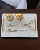 Bonding Gold Beyaz İncili Söz Tepsisi Nişan Tepsisi ve Damat Kahve Fincan Tepsisi  Mor - 2