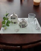 Adore Gümüş Beyaz İncili Söz Tepsisi Nişan Tepsisi ve Damat Kahve Fincan Tepsisi  Kırmızı - 3