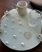 Beloved Gümüş Beyaz İncili Söz Tepsisi Nişan Tepsisi ve Damat Kahve Fincan Tepsisi  krem - 4