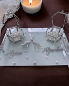 Bonding Gümüş Beyaz İncili Söz Tepsisi Nişan Tepsisi ve Damat Kahve Fincan Tepsisi  Pembe - 4
