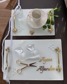 Adore Gold Beyaz İncili Söz Tepsisi Nişan Tepsisi ve Damat Kahve Fincan Tepsisi  Mor - 1