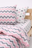Zigzag Desenli Lastikli Çarşaflı Pamuklu Tek Kişilik Nevresim Takımı - Pembe - 2