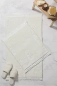 Püsküllü Peluş Kaydırmaz Taban 2li Paspas Takımı - Beyaz - 1