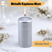 Baton Mum Metalik Kaplama Gümüş Silindir Dekoratif Mumu Kandil Hediyelik Mumlar Şamdan Kokusuz 8 cm - 1
