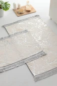 Simli Tavşan Tüyü 2li Banyo Paspas Takımı - Krem - Gümüş - 1
