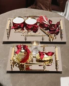 Reverence Gold 4 Kulplu Söz Tepsisi ve Damat Kahve Fincanı  Kırmızı - 1