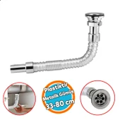Standart Lavabo Evye Sifonu Uzun Plastik Körüklü Kıvrılabilir 33-80 cm Uzayabilir Krom Renk - 1