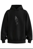 Oversize 'Fire Rose' Baskılı Kapşonlu Hoodie Sweatshirt - 1