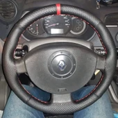 DİKİŞLİ DİREKSİYON KILIFI NOKTALI DERİ KARBON DERİ KIRMIZI YÜZÜK KIRMIZI DİKİŞLİ RENAULT MEGANE2 thumbnail 1