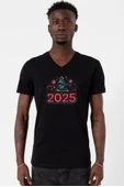 Happy New Year 2025 Essential Siyah Erkek V yaka Tshirt - 1