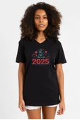 Happy New Year 2025 Essential Siyah Kadın V yaka Tshirt - 1
