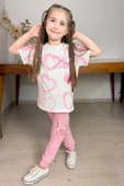 Kız Çocuk Pano Kalp Baskı Bisiklet Yaka T-Shirt Kargo Cepli Alt Pembe Eşofman Takım thumbnail 1