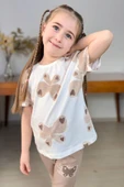 Kız Çocuk Simli Kelebek Baskı Bisiklet Yaka T-Shirt Bej Eşofman Takım - 3