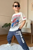 Erkek Çocuk Kare Desen ve Örümcek Adam Detay ve Yazı Baskılı T-Shirt Füme Eşofman Takım - 1