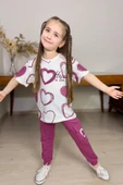 Kız Çocuk Pano Kalp Baskı Bisiklet Yaka T-Shirt Kargo Cepli Alt Mor Eşofman Takım - 4