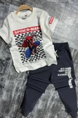 Erkek Çocuk Kare Desen ve Örümcek Adam Detay ve Yazı Baskılı T-Shirt Füme Eşofman Takım - 4