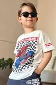 Erkek Çocuk Kare Desen ve Örümcek Adam Detay ve Yazı Baskılı T-Shirt Füme Eşofman Takım - 3