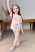 Kız Çocuk Simli Kelebek Baskı Bisiklet Yaka T-Shirt Bej Eşofman Takım - 1
