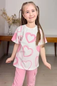 Kız Çocuk Pano Kalp Baskı Bisiklet Yaka T-Shirt Kargo Cepli Alt Pembe Eşofman Takım thumbnail 2