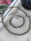 Gümüş Renk Çelik İç İçe Geçmeli Halat Unisex Kararmaz Kolye Ve Bileklik Çelik Set - 3214 - 1