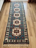 84x264 cm El Dokuma Uzun Yolluk, Mavi Bej Renkli Harika Kondisyonlu Yolluk, Vintage Severler için Ev Dekoru - 1