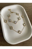 Altın Renk Beyaz Sedef Van Cleef Kolye Bileklik Set (çift Yönlüdür) - 3166 - 1
