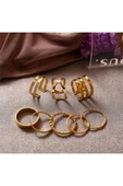 Altın Renk Kadın Gold 10'lu Kombin Yüzük Seti - 2897 - 5