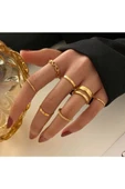 Altın Renk Kadın Gold 10'lu Kombin Yüzük Seti - 2897 - 6