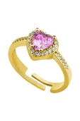 Altın Renk Pembe Taş Kalp Şekil Lovely  Zirkon Pandora Yüzük Ayarlanabilir Her Parmağa Olur  - 2980 - 1