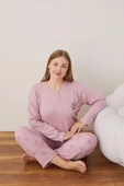 Lindros Kadın Pamuklu Düğme Yaka Raporlu İnterlok Battal Pijama Takımı 05111 - 1 Adet  Gül Kurusu 2XL - 1