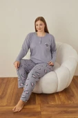 Lindros Kadın Pamuklu Düğme Yaka Raporlu İnterlok Battal Pijama Takımı 05102 - 1 Adet  Gri 5XL - 5