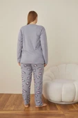 Lindros Kadın Pamuklu Düğme Yaka Raporlu İnterlok Battal Pijama Takımı 05102 - 1 Adet  Gri 5XL - 4