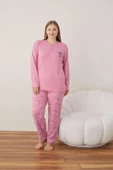 Lindros Kadın Pamuklu Düğme Yaka Raporlu İnterlok Battal Pijama Takımı 05110 - 1 Adet  Pembe 5XL - 3
