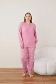 Lindros Kadın Pamuklu Düğme Yaka Raporlu İnterlok Battal Pijama Takımı 05110 - 1 Adet  4XL Pembe - 4
