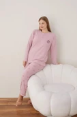 Lindros Kadın Pamuklu Düğme Yaka Raporlu İnterlok Battal Pijama Takımı 05111 - 1 Adet  Gül Kurusu 2XL - 2