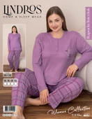 Lindros Kadın Pamuklu Düğme Yaka Raporlu İnterlok Battal Pijama Takımı 05130 - 1 Adet  5XL Mor - 2