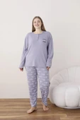 Lindros Kadın Pamuklu Düğme Yaka Raporlu İnterlok Battal Pijama Takımı 05114 - 1 Adet  Lila 3XL - 3