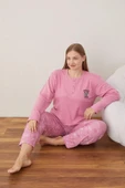 Lindros Kadın Pamuklu Düğme Yaka Raporlu İnterlok Battal Pijama Takımı 05110 - 1 Adet  Pembe 5XL - 6