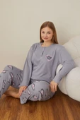 Lindros Kadın Pamuklu Düğme Yaka Raporlu İnterlok Battal Pijama Takımı 05102 - 1 Adet  Gri 5XL - 2