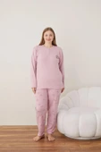 Lindros Kadın Pamuklu Düğme Yaka Raporlu İnterlok Battal Pijama Takımı 05111 - 1 Adet  Gül Kurusu 2XL - 5