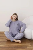 Lindros Kadın Pamuklu Düğme Yaka Raporlu İnterlok Battal Pijama Takımı 05114 - 1 Adet  2XL Lila - 2