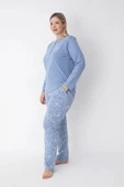 Senfoni Kadın Büyük Beden Düğmeli Yaka Uzun Kol %100 Pamuk Pijama Takımı 6068 -1 Adet  4XL Mavi - 2