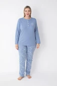 Senfoni Kadın Büyük Beden Düğmeli Yaka Uzun Kol %100 Pamuk Pijama Takımı 6068 -1 Adet  4XL Mavi - 1