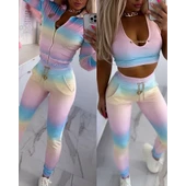 Lucky Life Kadın Uzun Kollu Askılı Yuvarlak Yakalı Krop Bluz, Uzun Kollu önden Fermuarlı Ceket Ve Pantolon Dalgıç üçlü Takım - 2