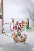 Özel Üretim Kurutulmuş Çiçekli Şık Dayanıklı Cam Kupa Bardak Hediyelik Kulplu Fincan 250 ml - 5